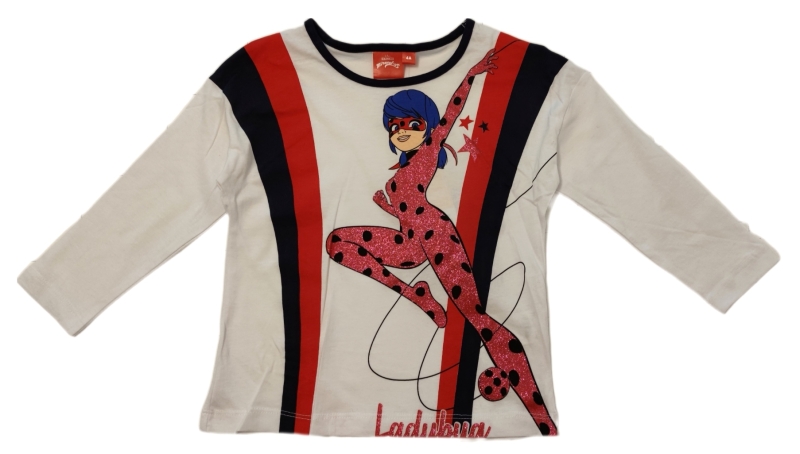 Mädchen Langarmshirt mit Ladybug-Motiv in weiß. Auf dem Shirt sind vertikale schwarze und rote Streifen aufgedruckt